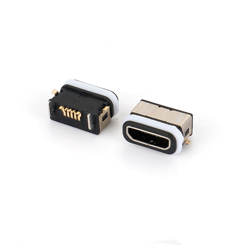 04BA-1607-WP Micro USB 5F 板上SMT B型 前貼后插 無柱 帶防水圈 防水IPX8